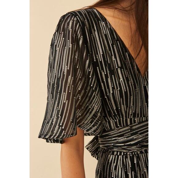 BA&SH Black Gold Metallic V-Neckline Nixon Short Sleeve Maxi Dress Size US 6 - Picture 3 of 16